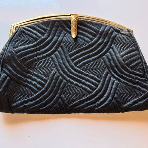 Vintage Black Cloth Evening Clutch made in France with Gold Trim
